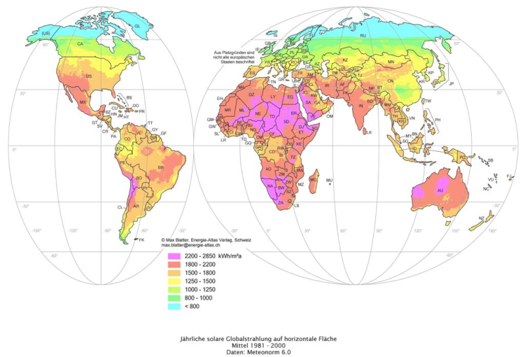 wereldkaart zonnestraling